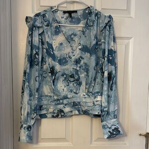 White House Black Market Blue and White Bishop Sleeve Blouse
